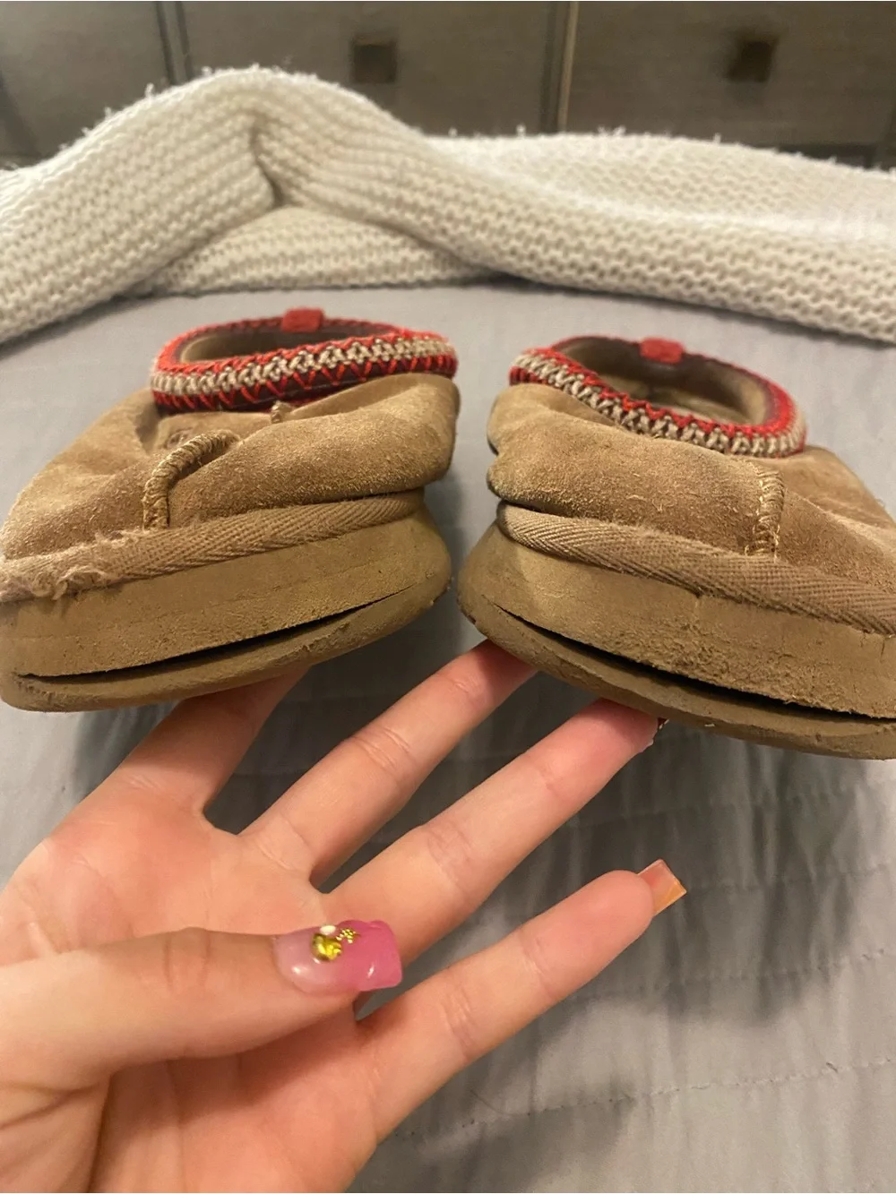 UGG Kids Chestnut Suede Slip-On Slippers with Red Trim